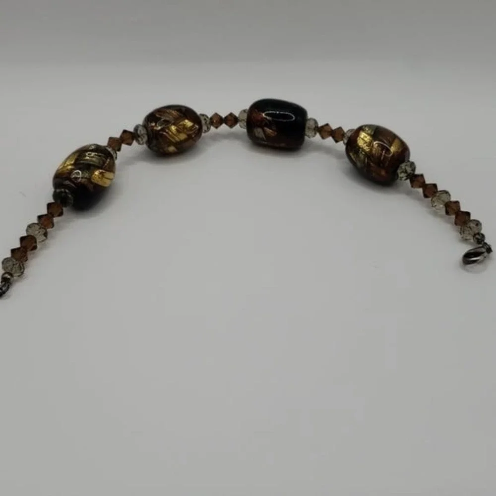 Elegant Glass Bead Bracelet Gold‎ Black Brown Crystal Accents Silver Clasp